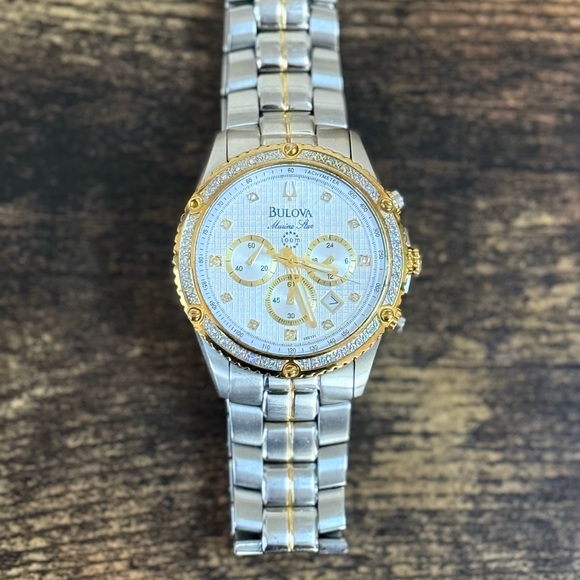 Rare Bulova Marine Star Watch - Two Tone Stainless Steel with Diamond - 98E101